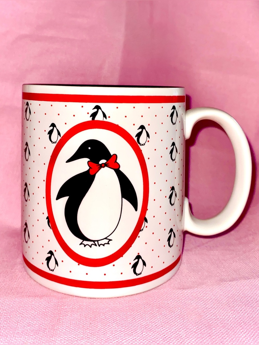 1980s Russ Berrie Penguin Mug Bowtie Polkadot Red Black Christmas Holiday Cup